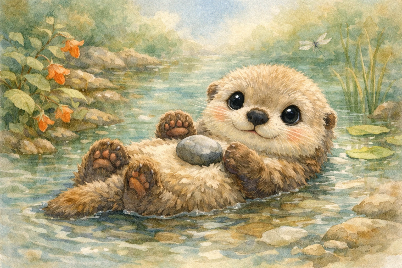 Süßes Baby-Flussotter in sanfter Aquarell-Kunstdruck fürs Kinderzimmer