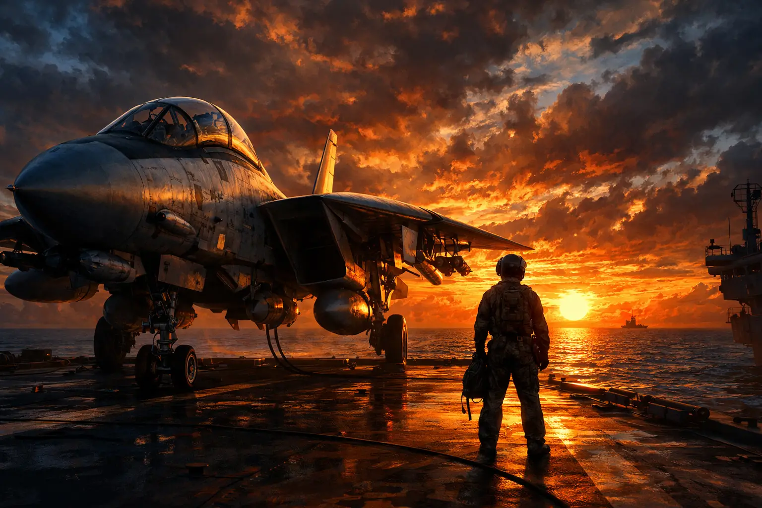空母甲板で夕日を見つめるF14戦闘機とパイロット