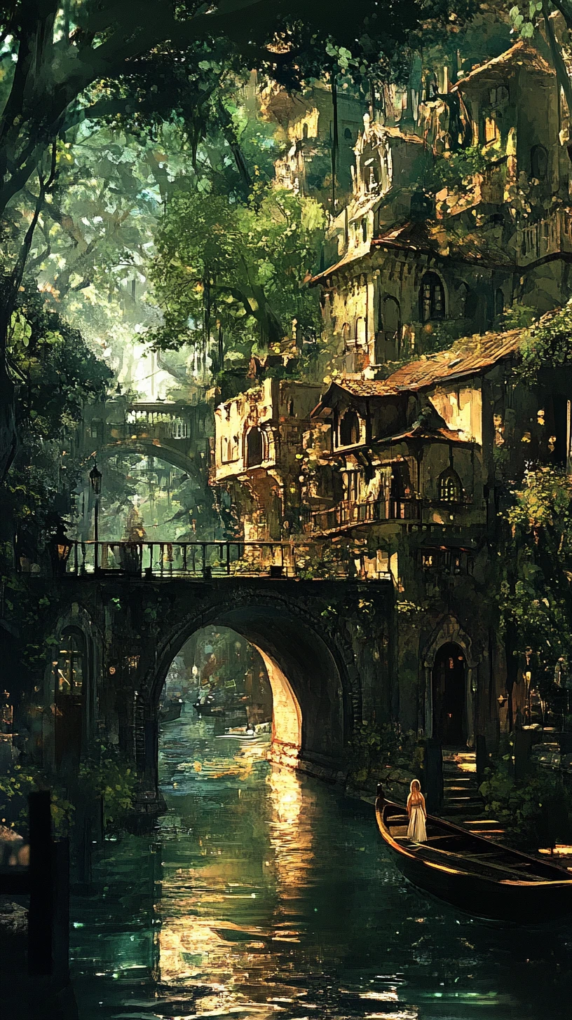 Girl walking by serene Aztec canal with bridge and houses