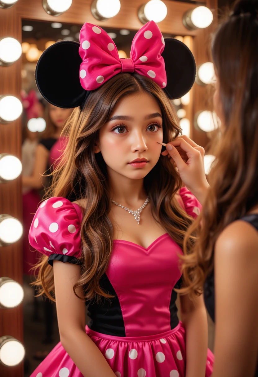 Young boy in Minnie Mouse dress in boutique dressing room