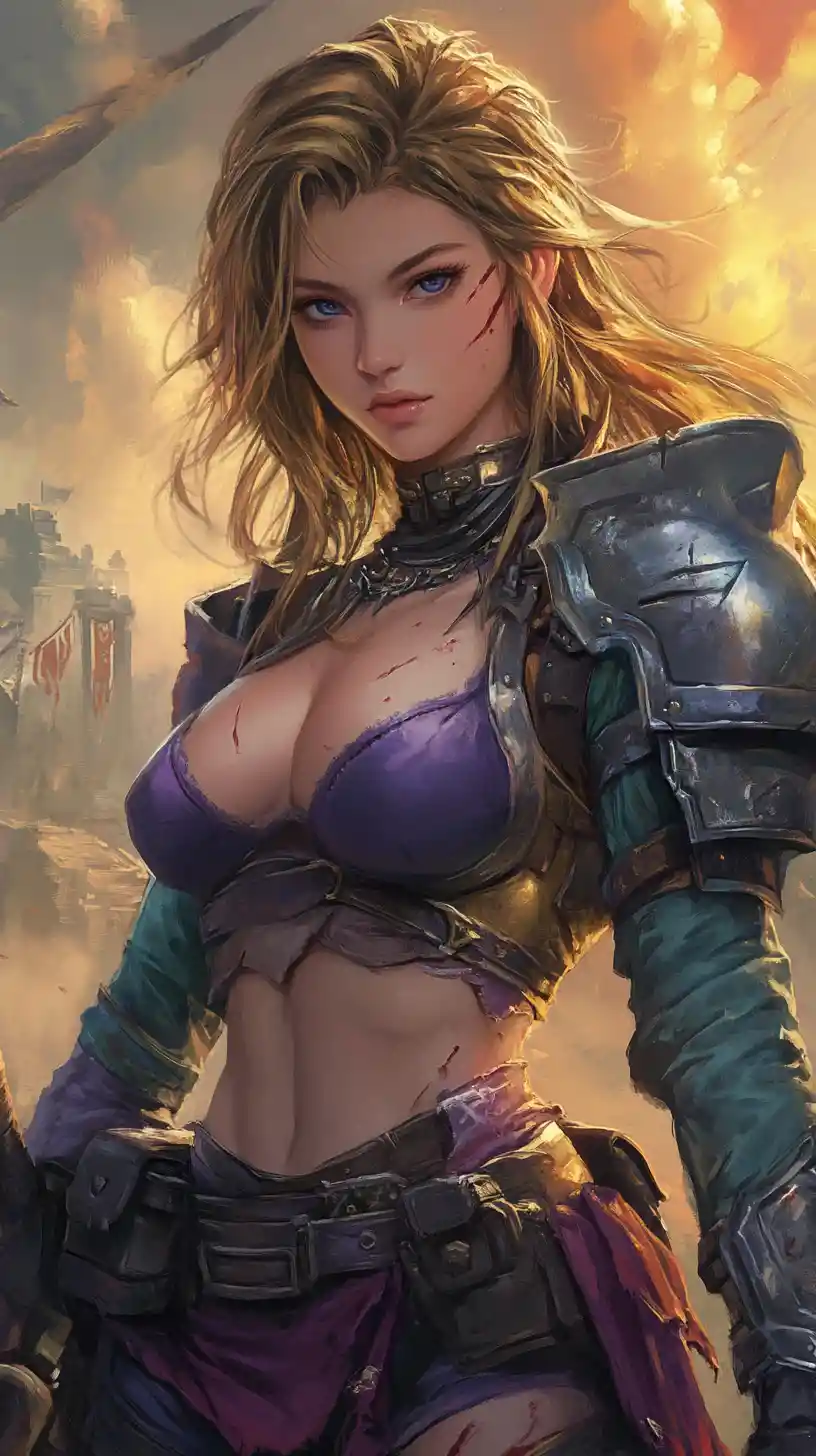 Close up of tattooed anime warrior woman in armor