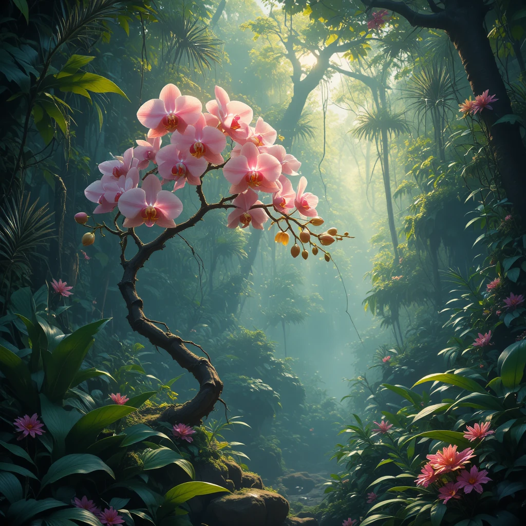 Vibrant orchid blooming on a twisted branch in jungle light