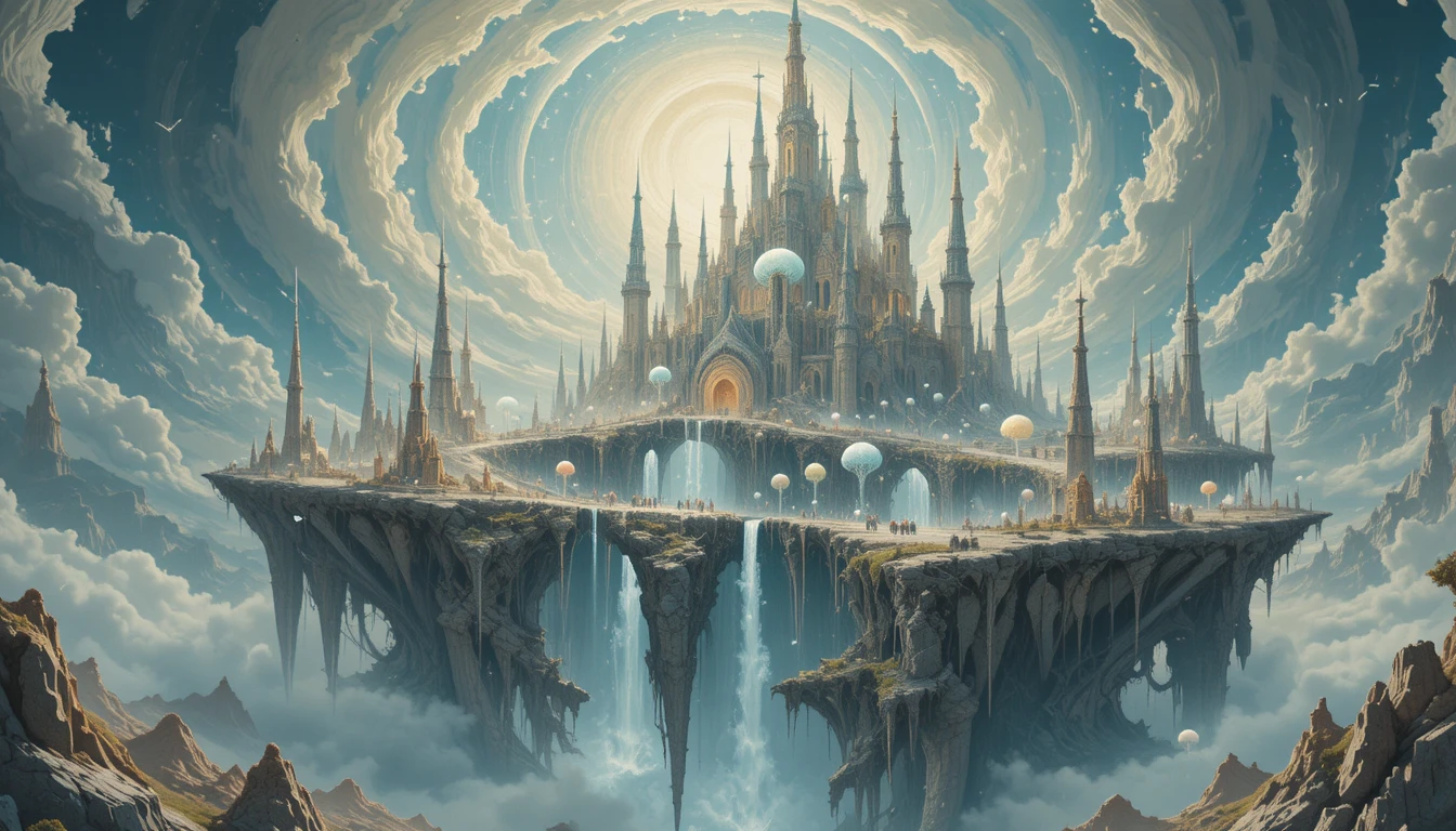 Ethereal floating city of light beings in a dreamscape