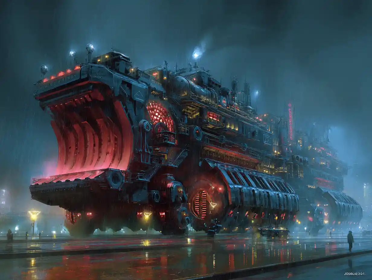 Massive Rolling War Machine Crossing Ruined Landscape