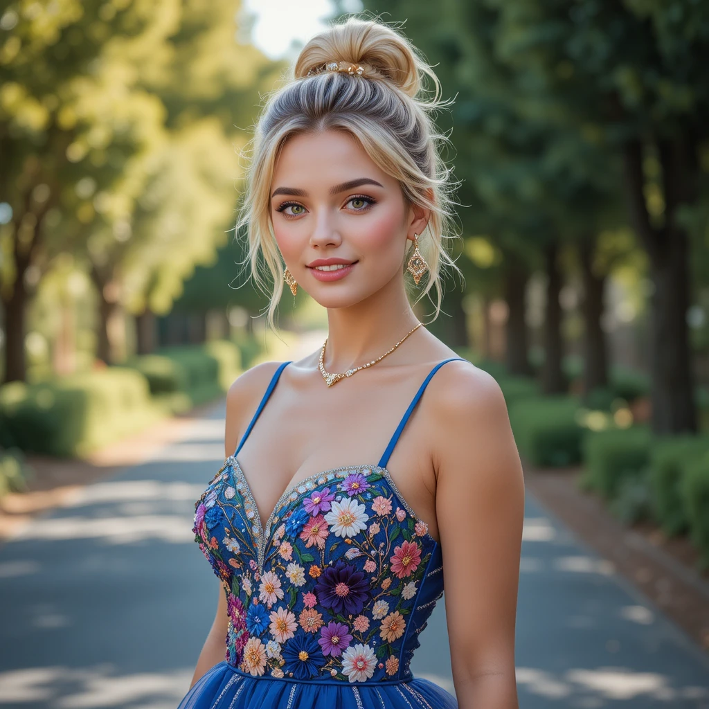 Joyful blonde girl in floral royal blue dress portrait