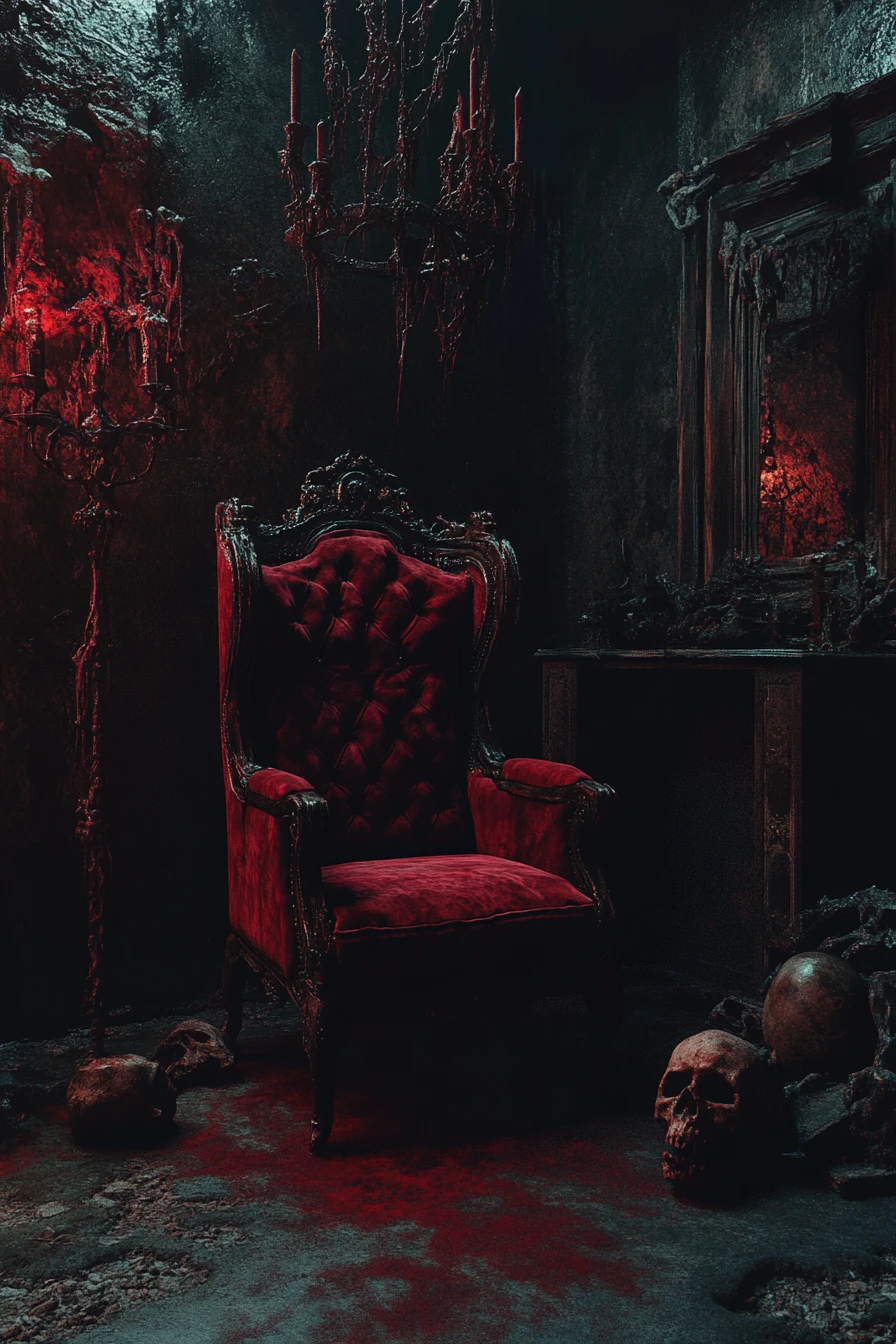 Foreboding necropunk skull amid dark ossuary tones