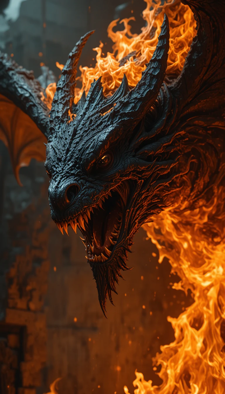 Close up of fiery dragon head emerging from flames