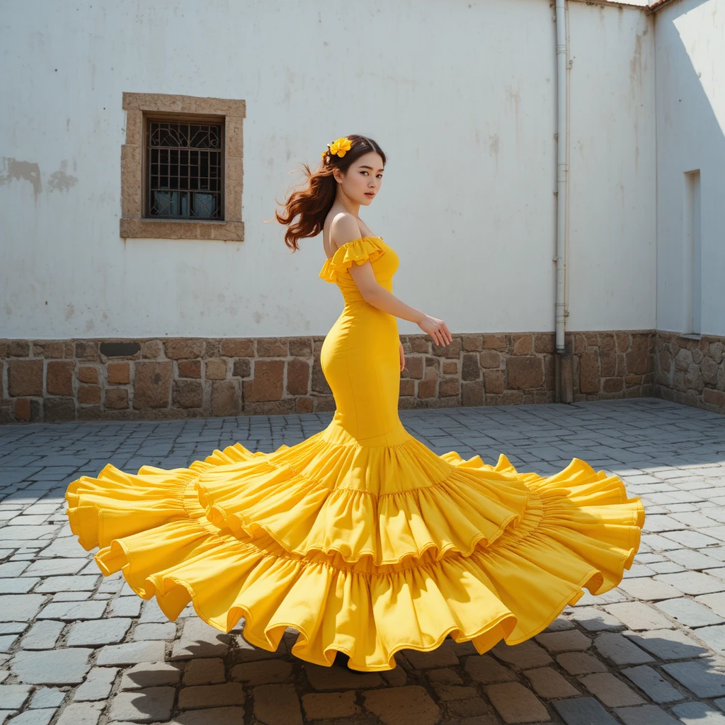 Mulher coreana com vestido flamenco amarelo rodopiando em pátio de Sevilha
