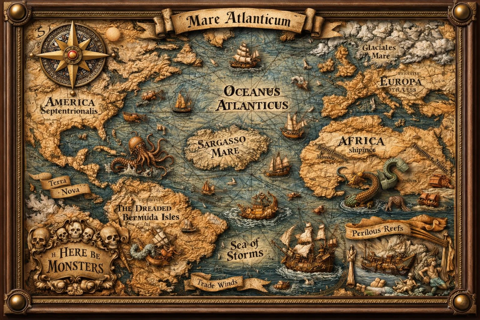 Antiguo mapa 3D del océano Atlántico con monstruos marinos