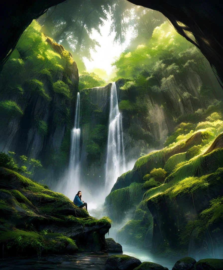 Woman in blue shirt in quiet contemplative forest scene