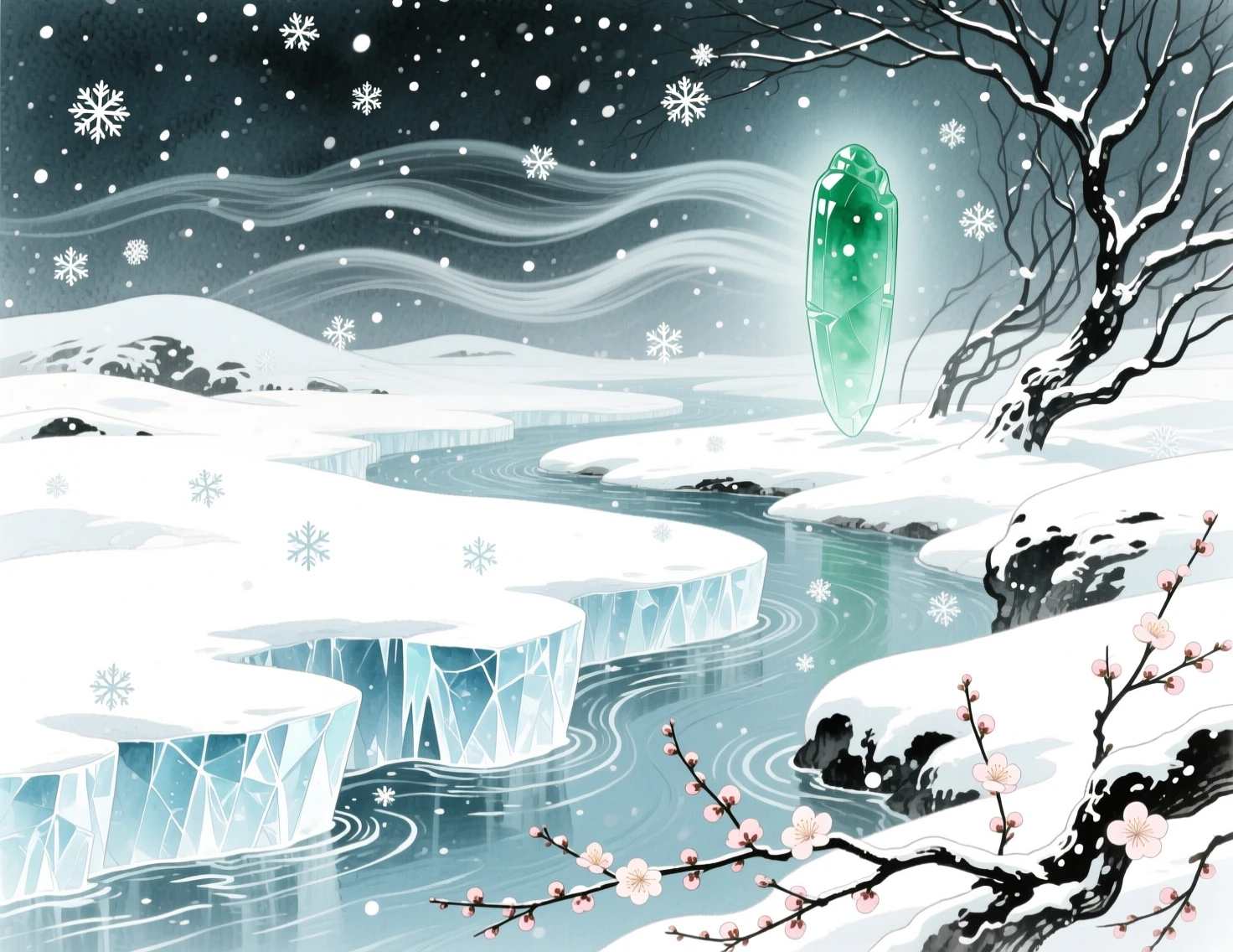 Paysage enneigé serein avec glace et montagnes lointaines