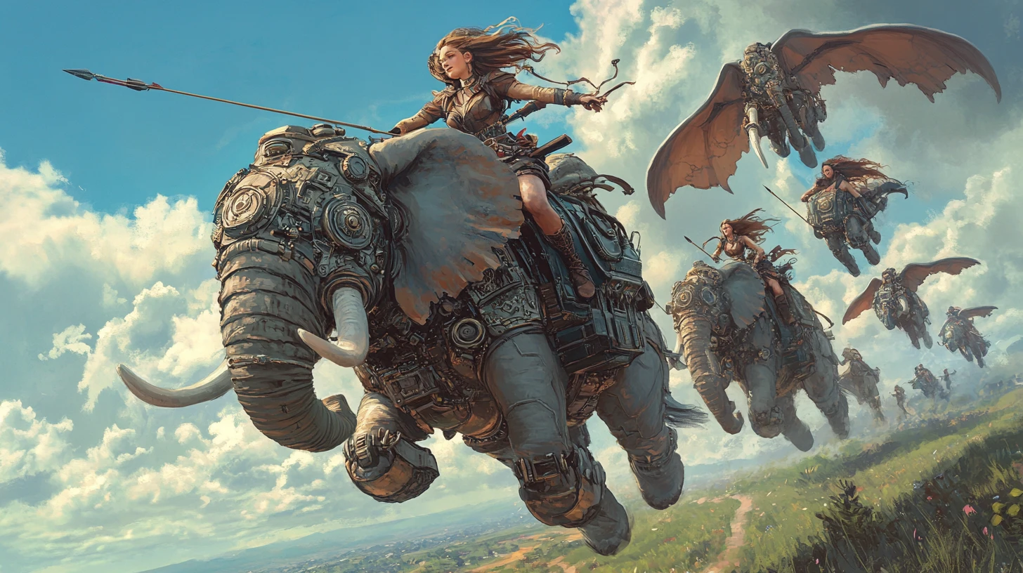 Ragazza guerriera steampunk che cavalca un elefante africano volante