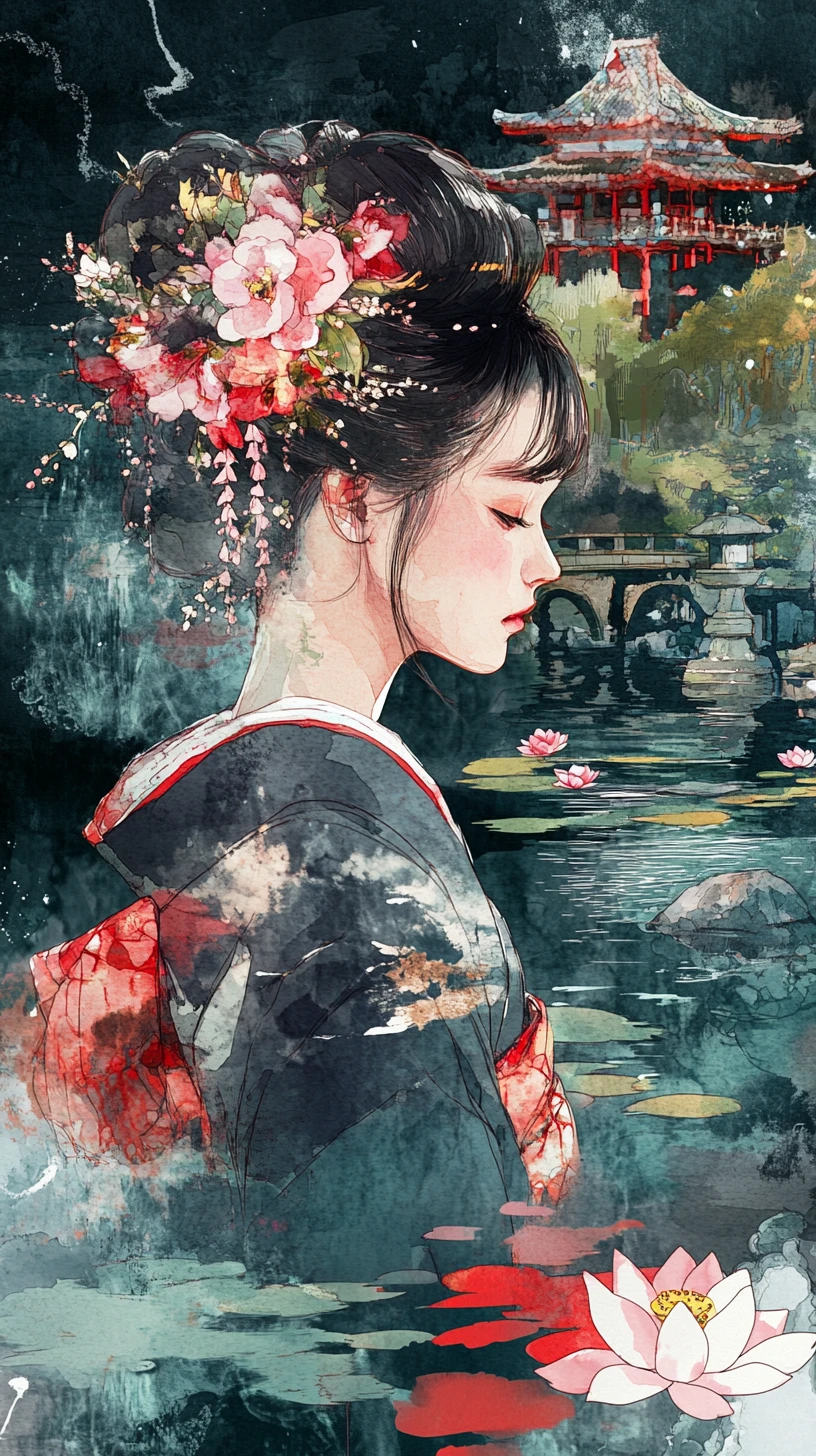 Mulher japonesa de quimono fundindo-se com cena de jardim tranquilo