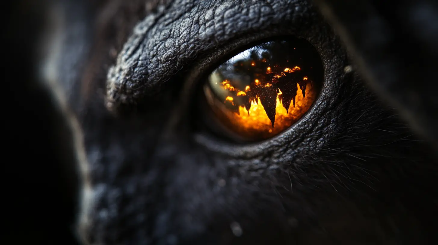 Surreales Fledermausauge in Nahaufnahme mit höhlenartig leuchtender Iris