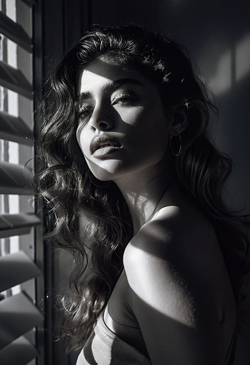 Moody black and white portrait of a woman by window blinds