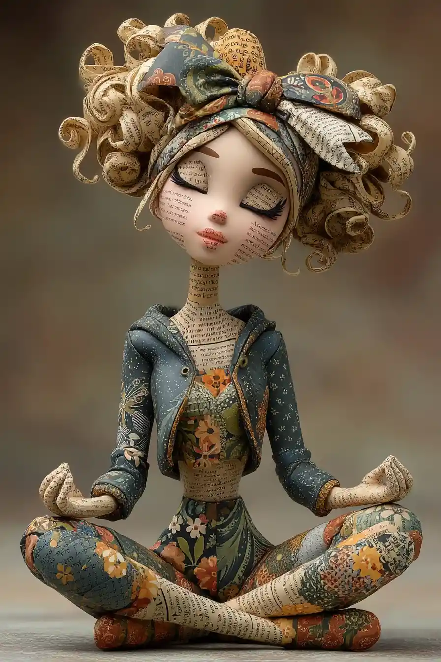 Ragazza di giornale in papercraft seduta in posizione del loto