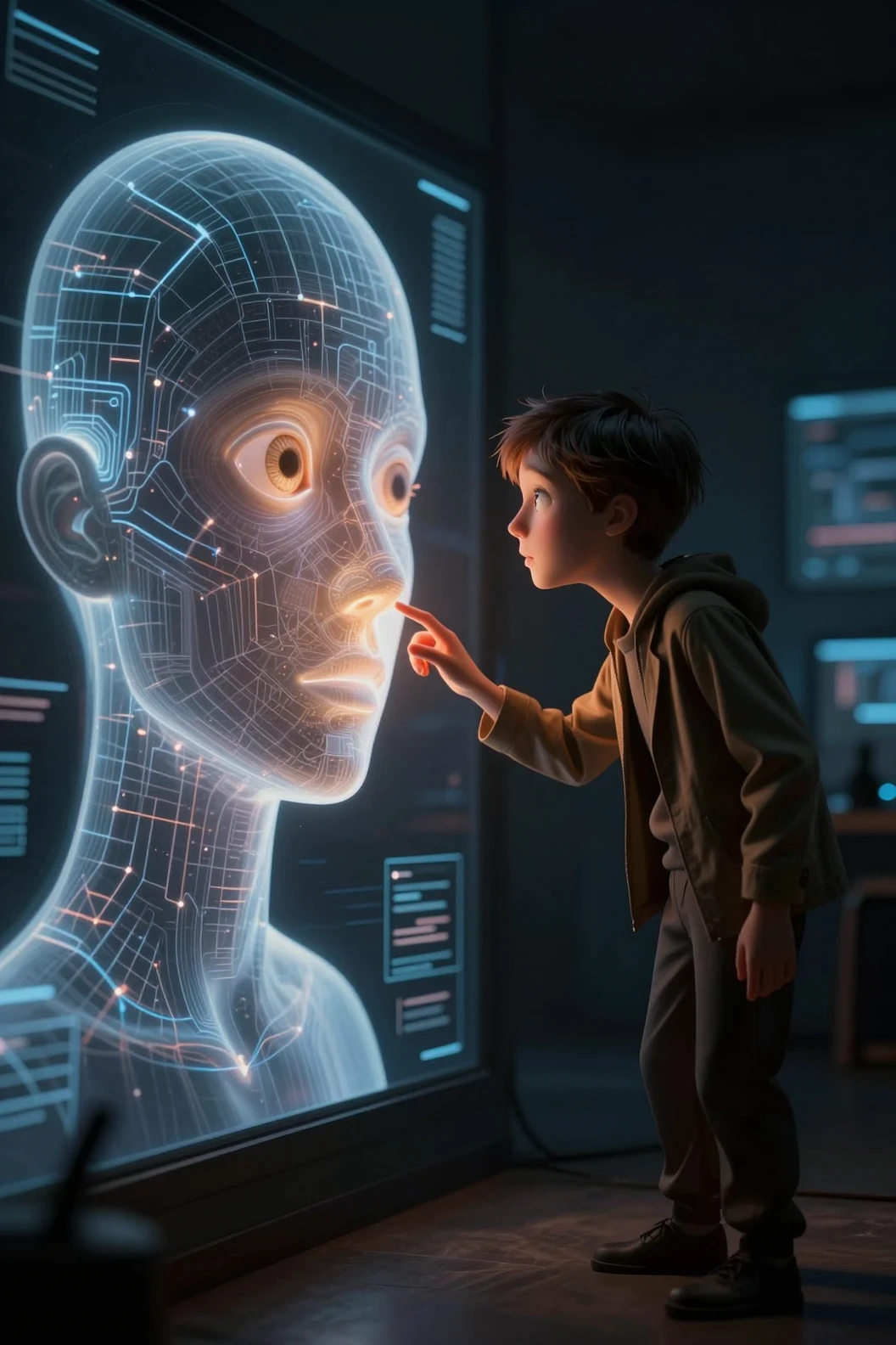Artiste prudent tend la main vers une interface IA lumineuse en forme humaine
