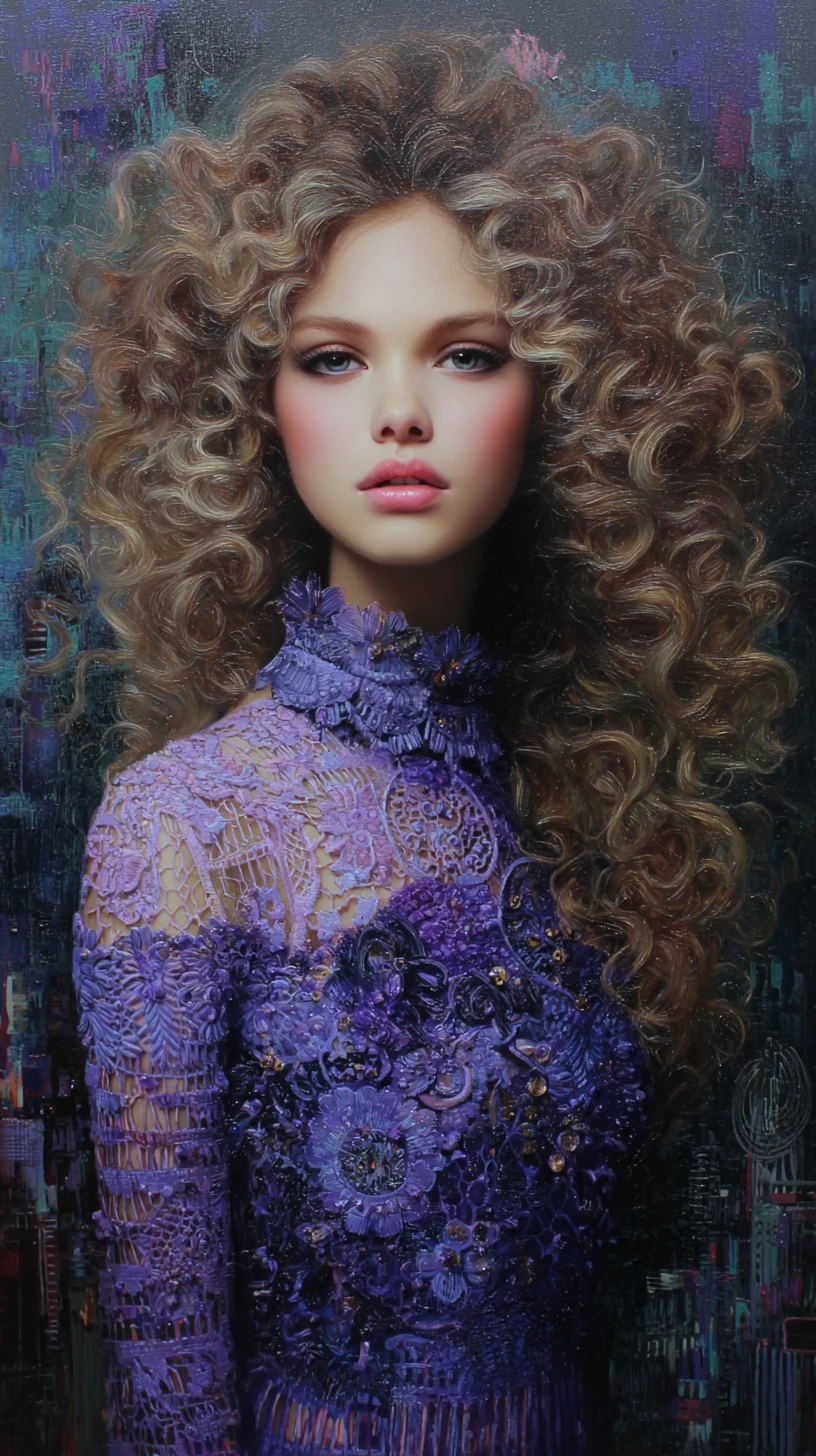 Melancholic portrait of a woman in a lilac lace bardot dress