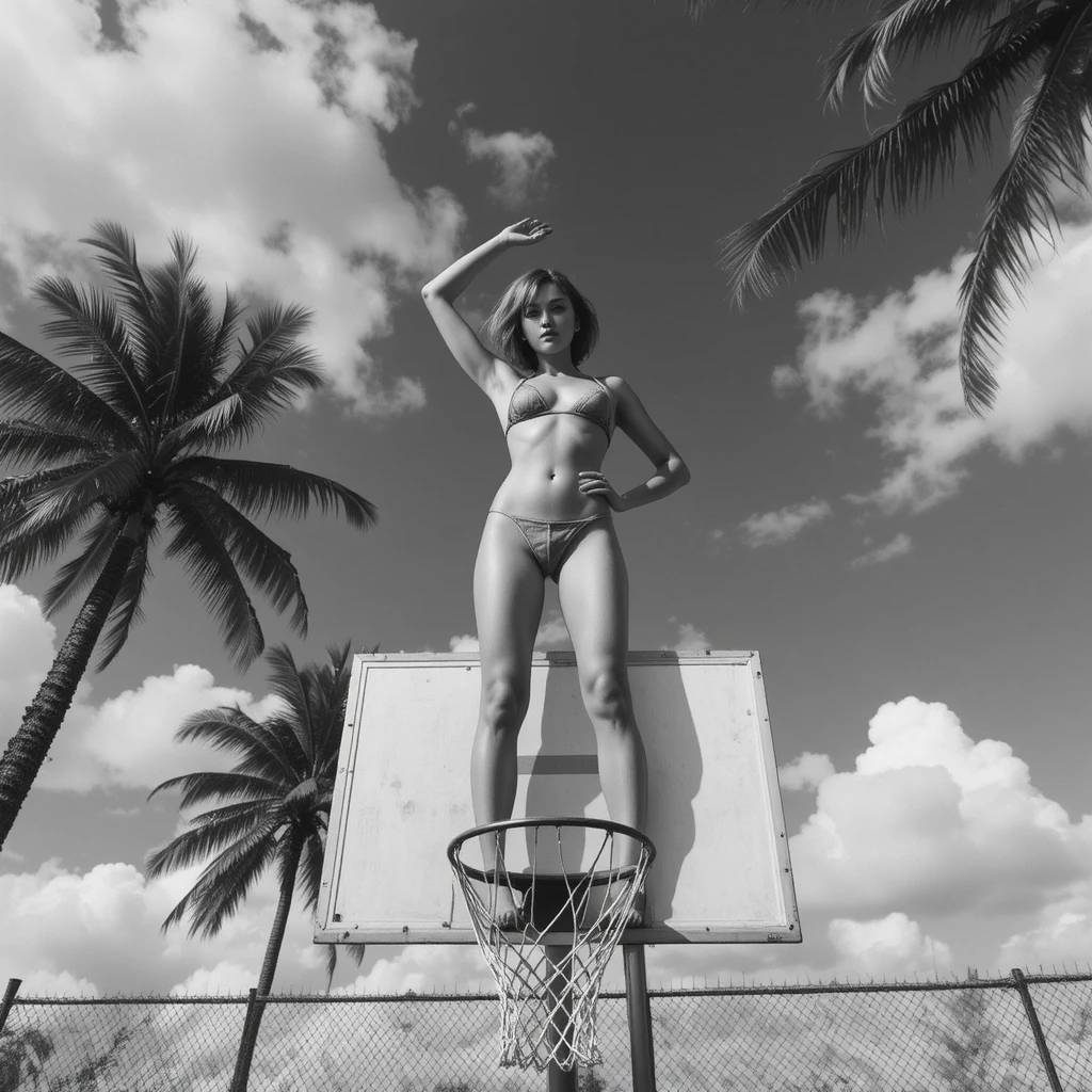 Mulher em biquíni em preto e branco posando sobre aro de basquete