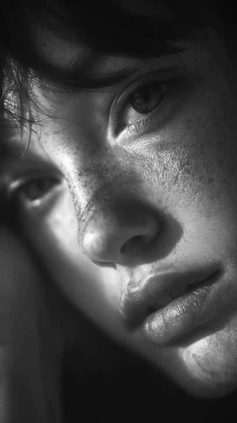 Intimate black and white close up contemplative portrait