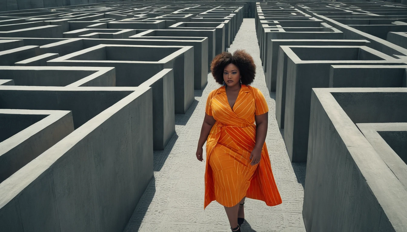 Héroïne grande taille et confiante dans un labyrinthe brutaliste en béton