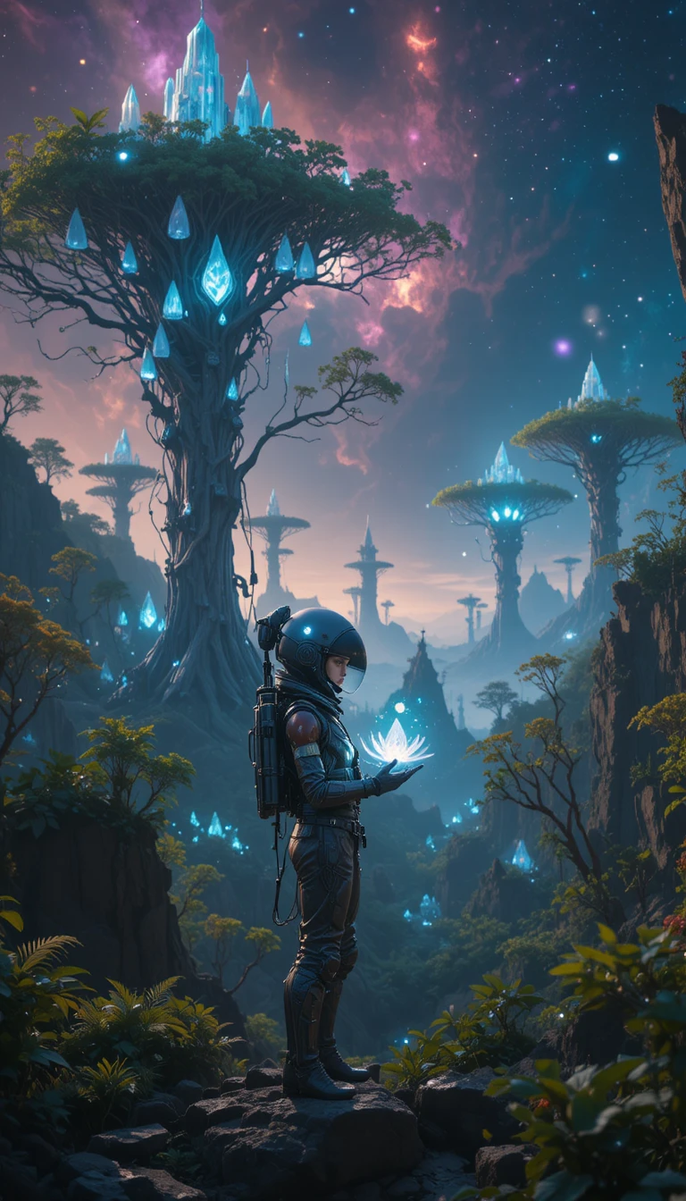 Astronauta Segurando Flor Brilhante na Borda de uma Selva Alienígena