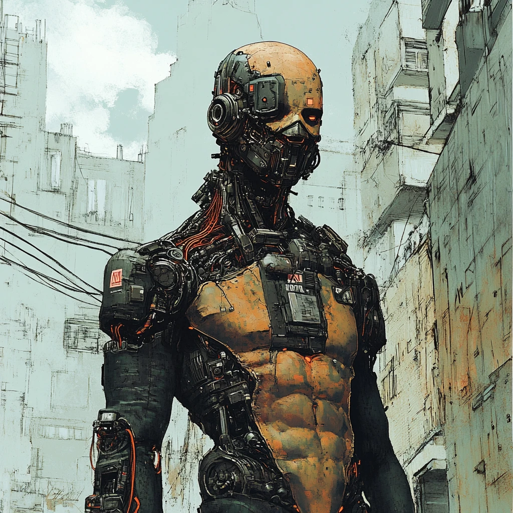Trabalhador industrial ciborgue em uma cidade cyberpunk distópica