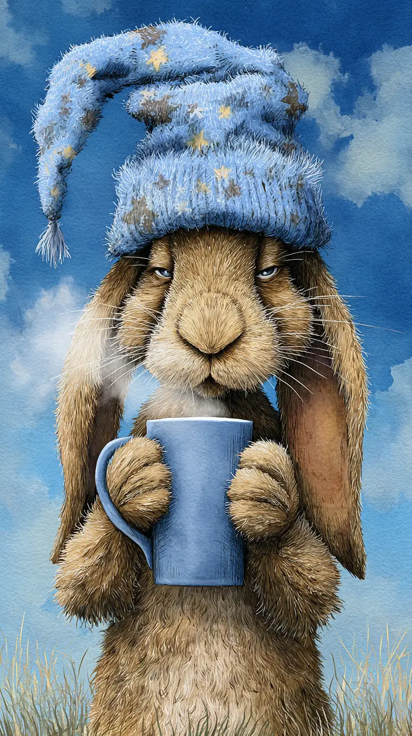 Müder Osterhase gähnt mit Kaffee im Weizenfeld