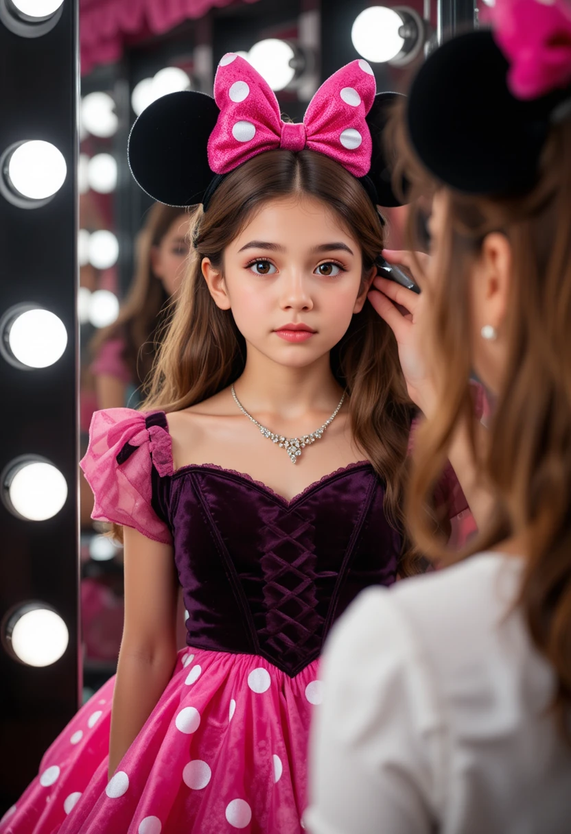 ブティックの試着室でミニーのドレスを着た少年