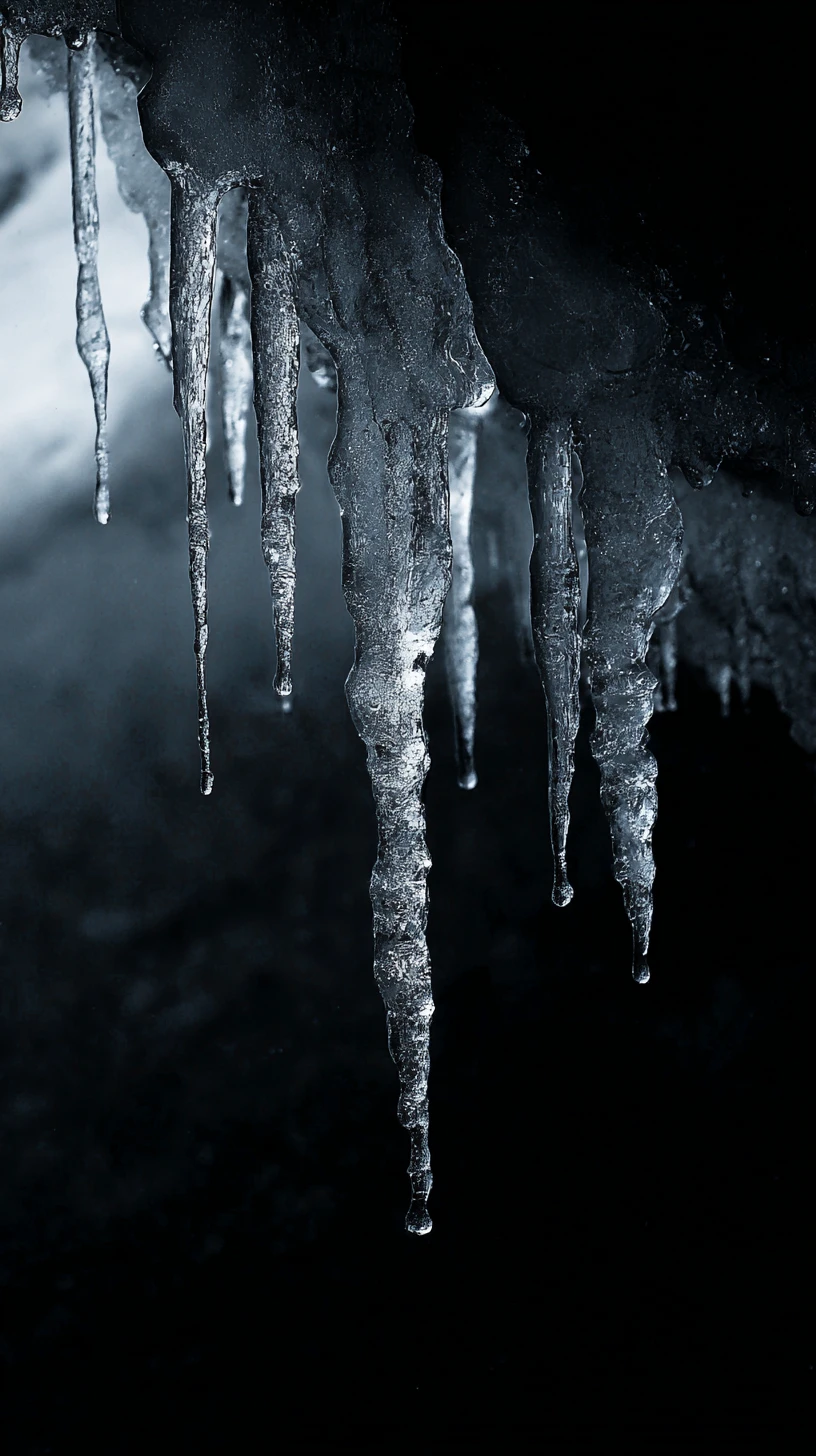 Book of scriptures dripping icicles above looming glaciers