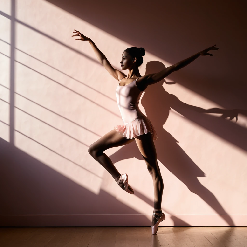 Balletttänzerin im Gegenlicht mit scharfem Wandschatten