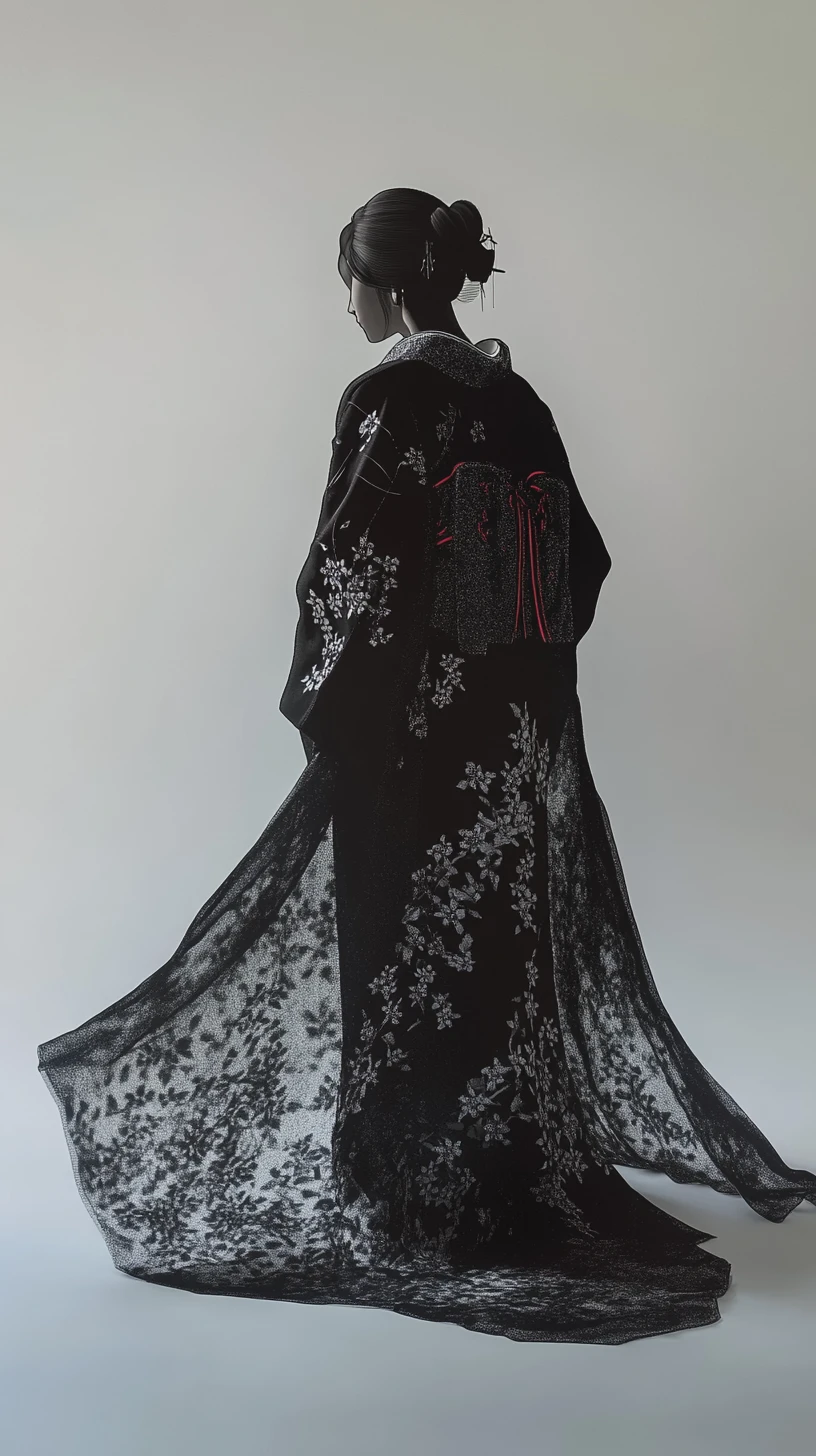 Silhouette solitaire en kimono debout dans une brume tourbillonnante