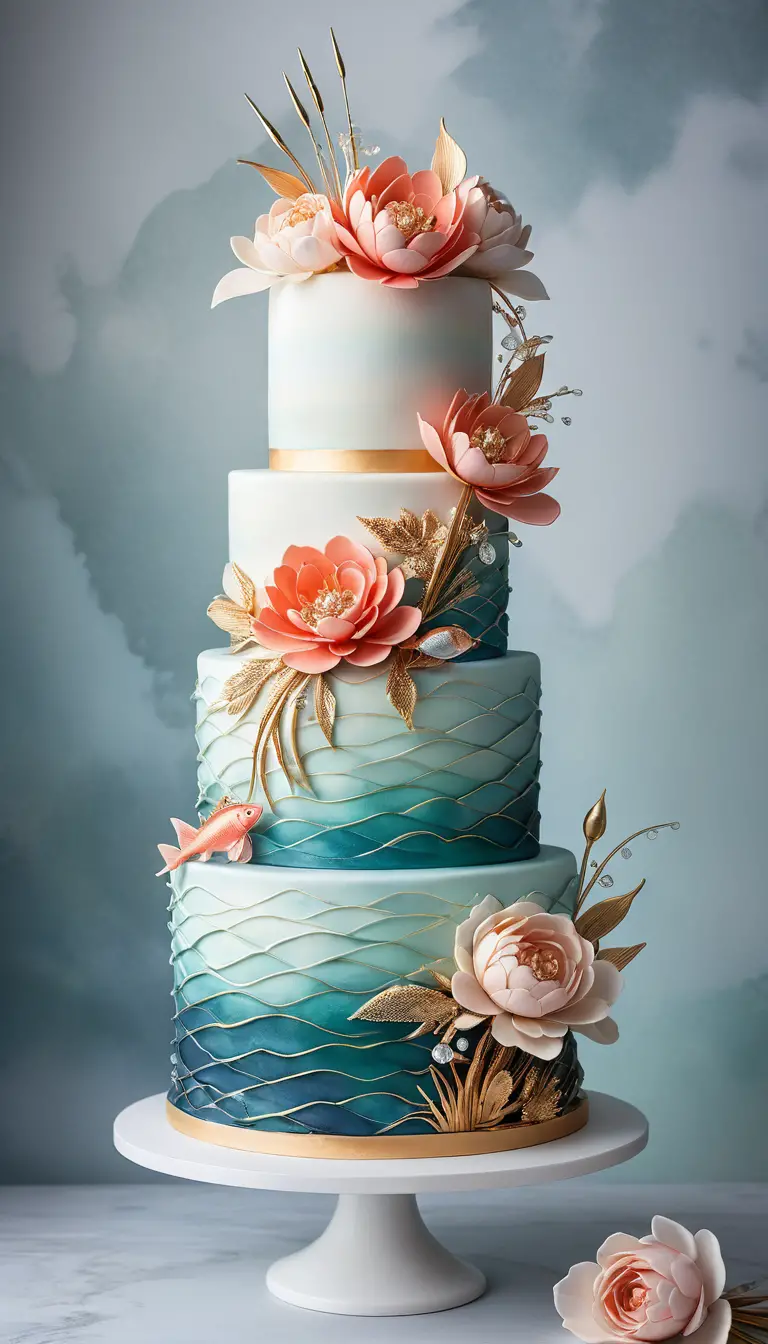 Gâteau de mariage luxueux à étages avec de fantaisistes détails de pêche