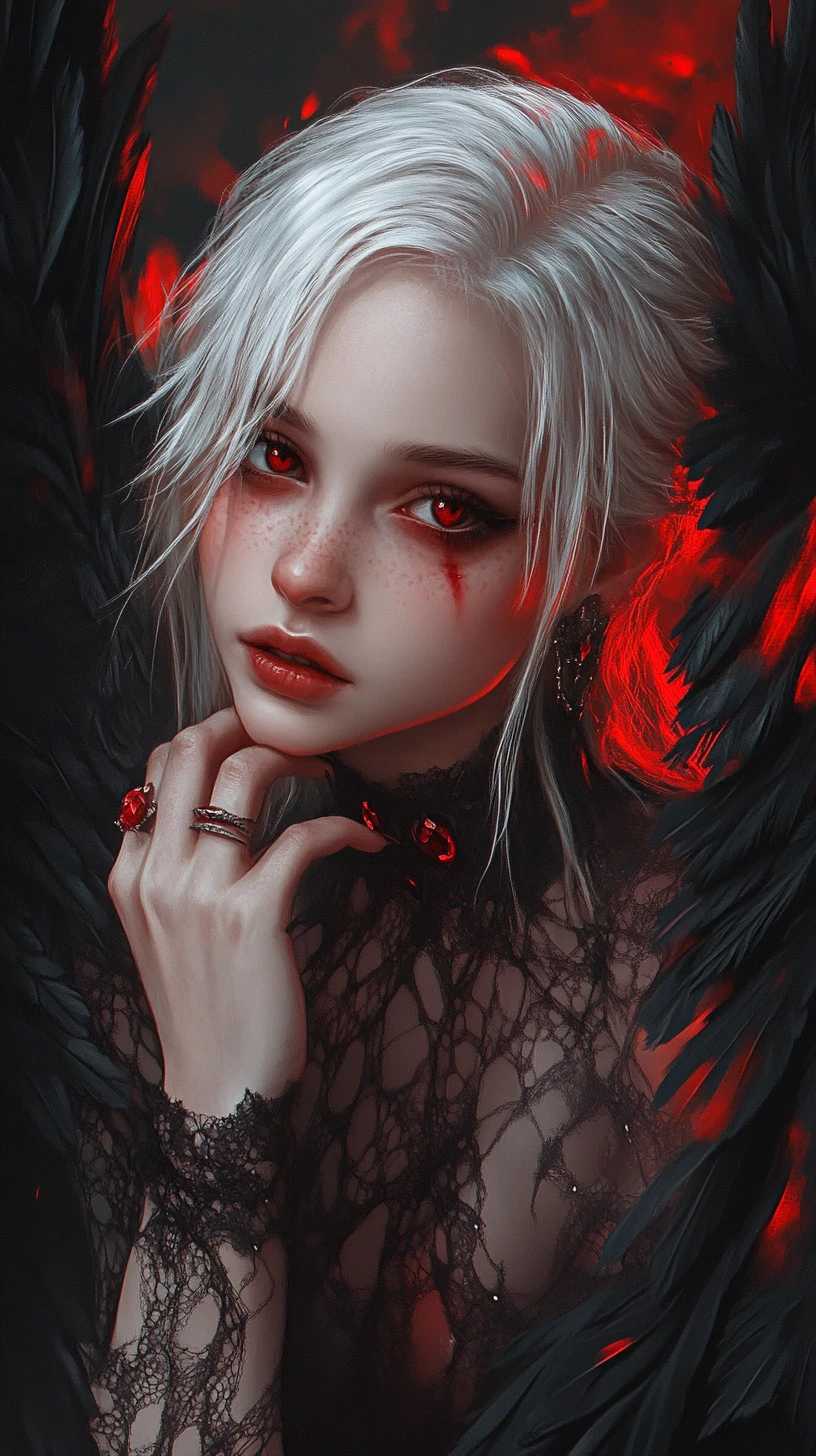 Melancholic angelic girl with glowing black wings portrait