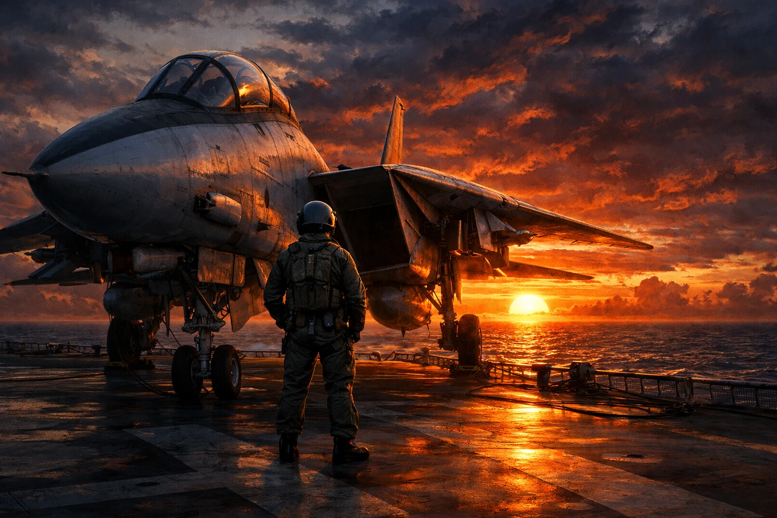 Chasseur F-14 et pilote sur le pont d’un porte-avions au coucher du soleil