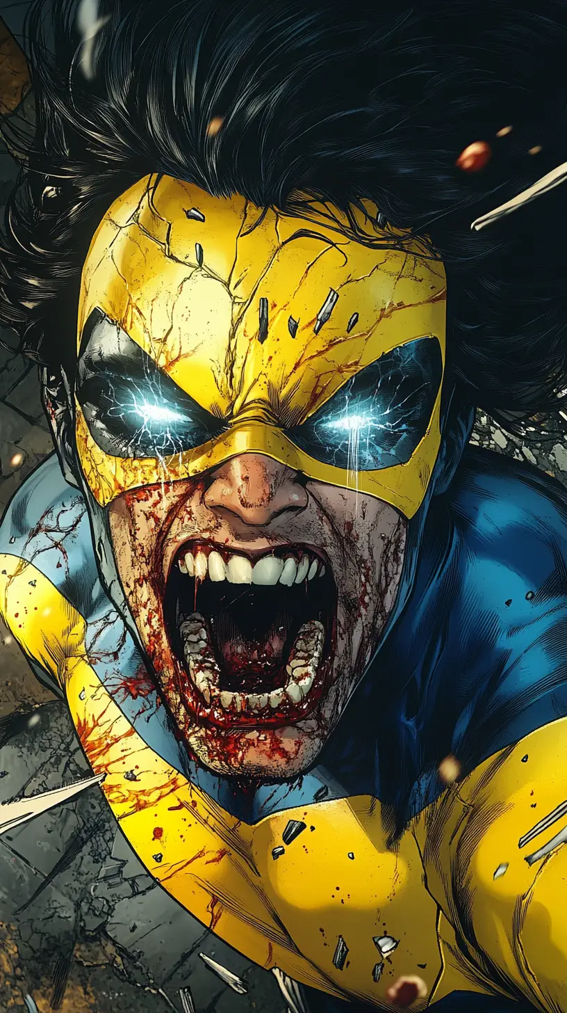 Angry bloodied superhero roaring in dramatic comic closeup