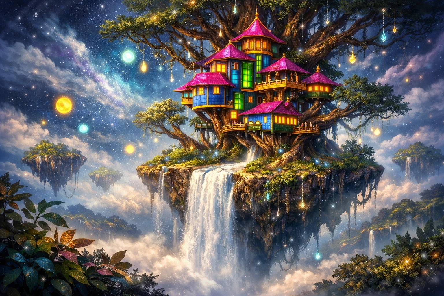 Surreal Floating Treehouse Island In A Cosmic Night Sky