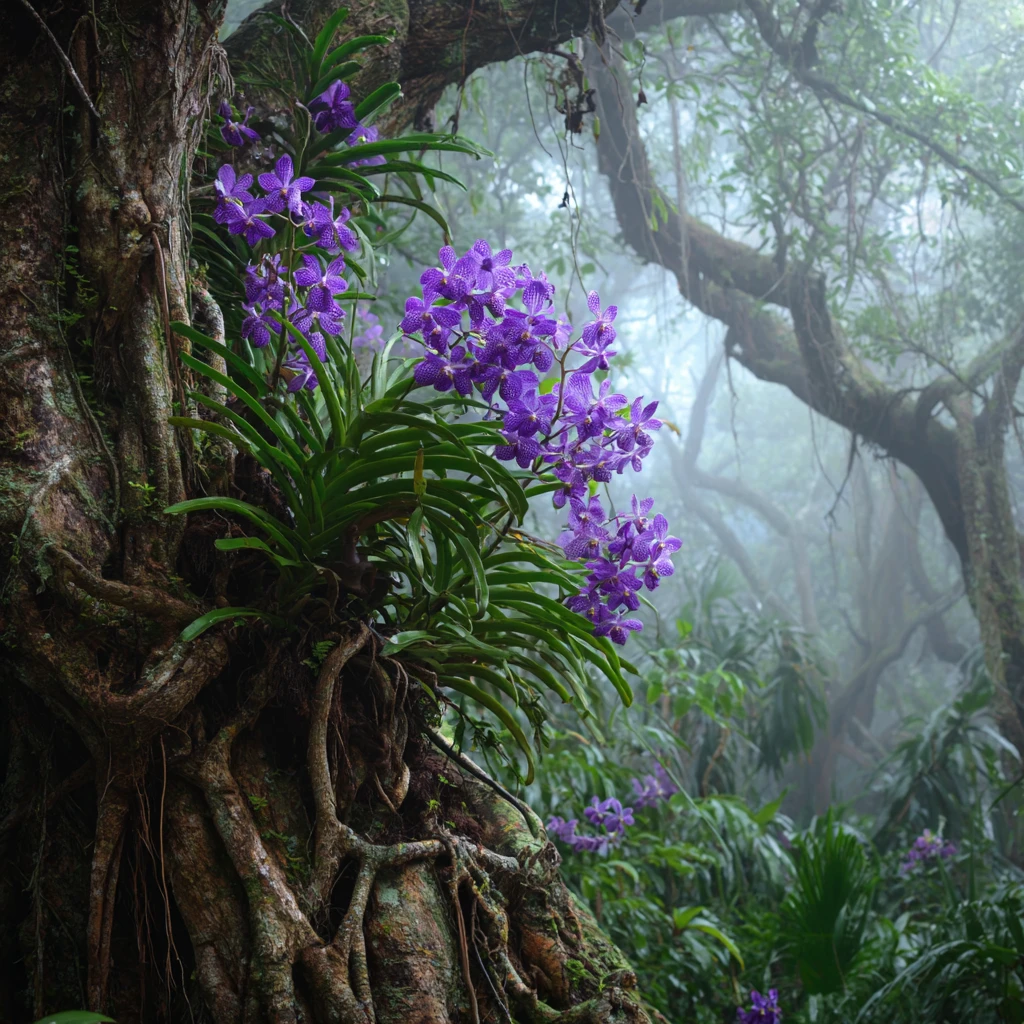 Orquídea vanda roxa florescendo em uma antiga árvore da floresta tropical