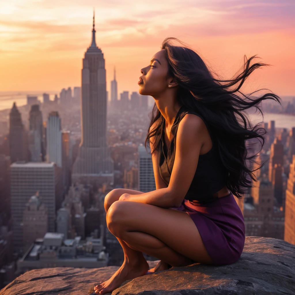 Mulher na beira de arranha‑céu ao pôr do sol sobre o horizonte da cidade