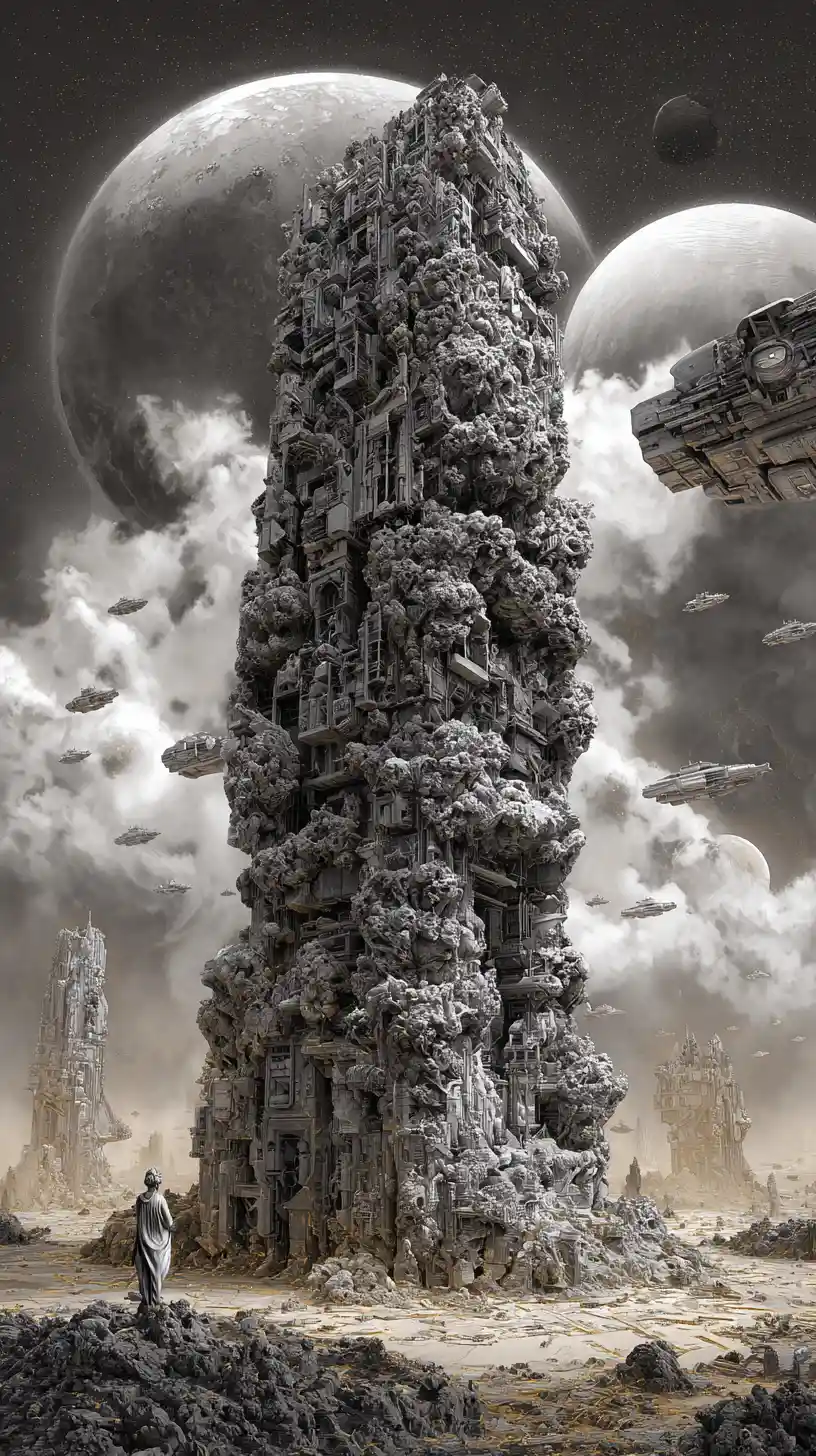 Abstract obelisk surrounded by explosive lyrical energy