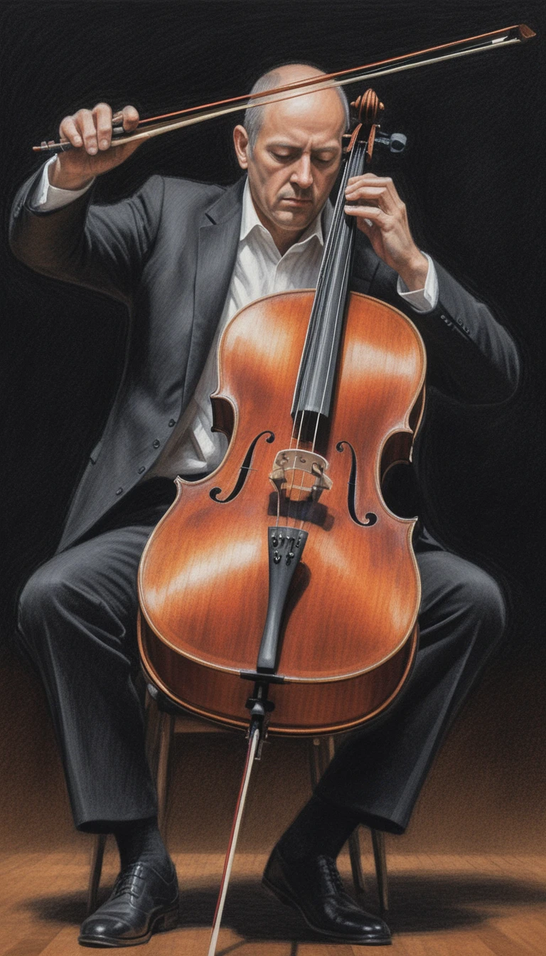 Cellist In Dark Suit Playing Cello Under Dramatic Light