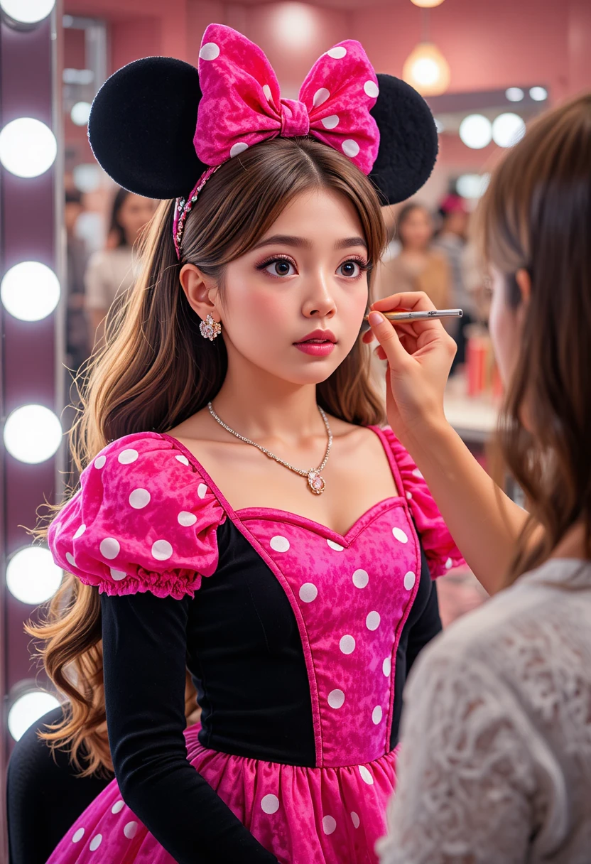 Menino com vestido da Minnie recebendo maquiagem no camarim