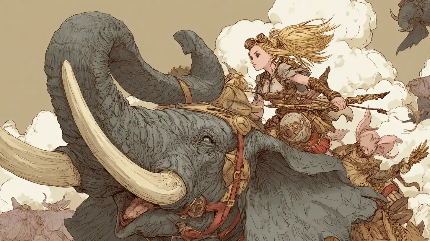Guerriera steampunk che cavalca un gigantesco elefante volante
