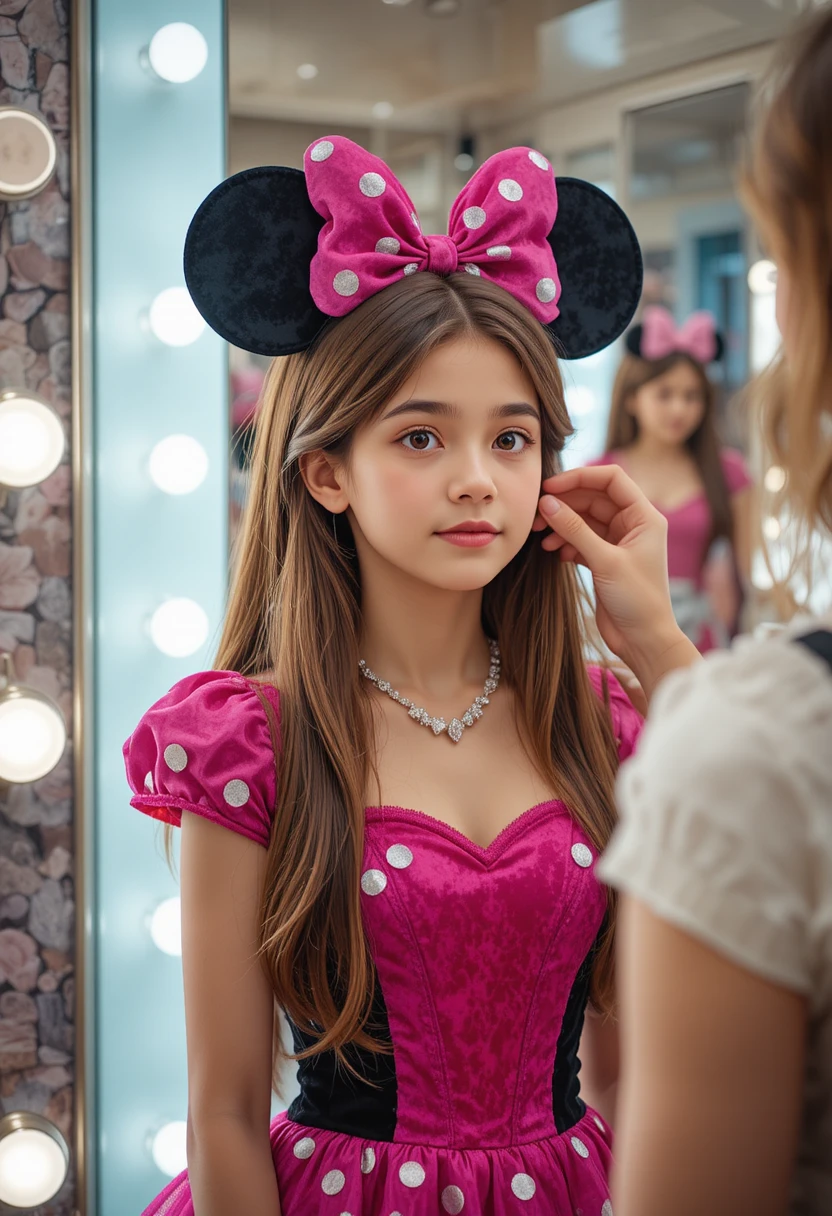 Young boy in pink dress getting makeup in dressing room