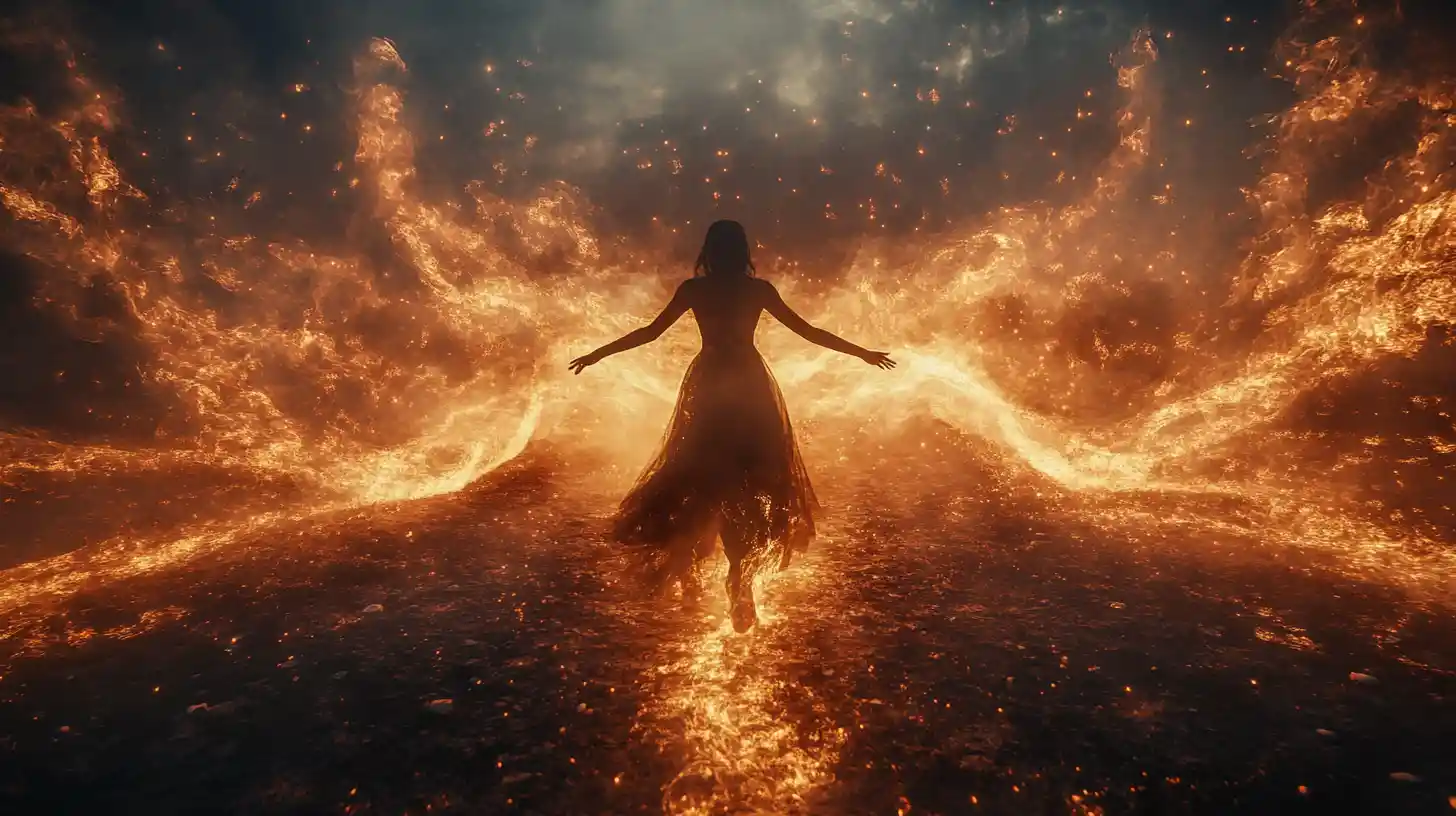Ballerina che divide un mondo surreale di fuoco e nebbia