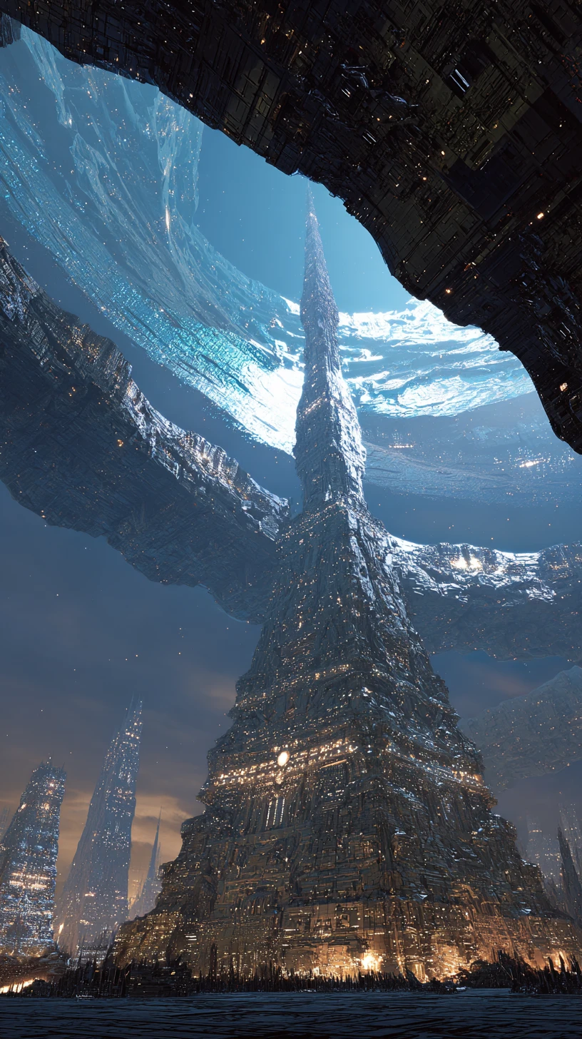 Surreal obelisk rising in an abstract energetic scene
