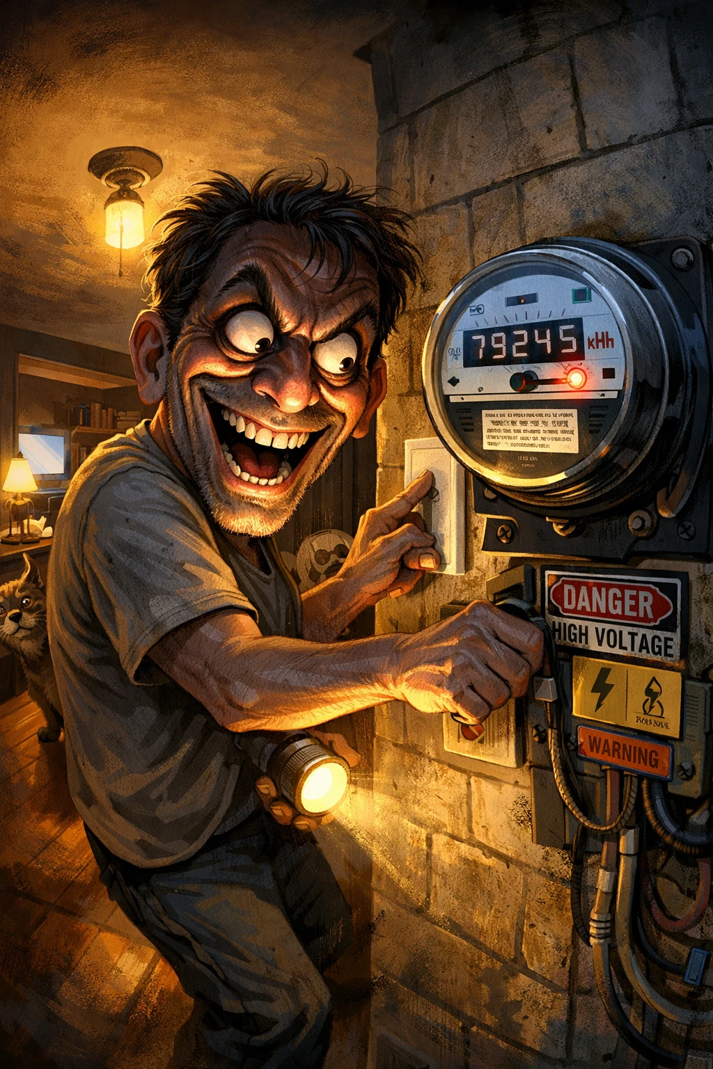 Hombre ansioso apagando las luces de la casa en escena caricaturesca