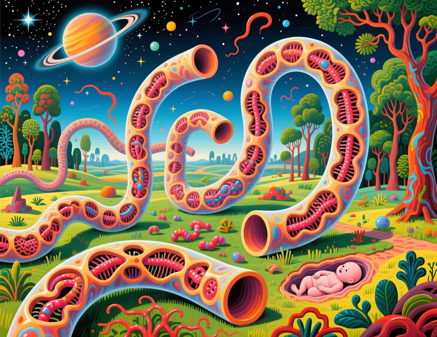 Êtres tubulaires surréalistes se reflétant dans un cosmos abstrait