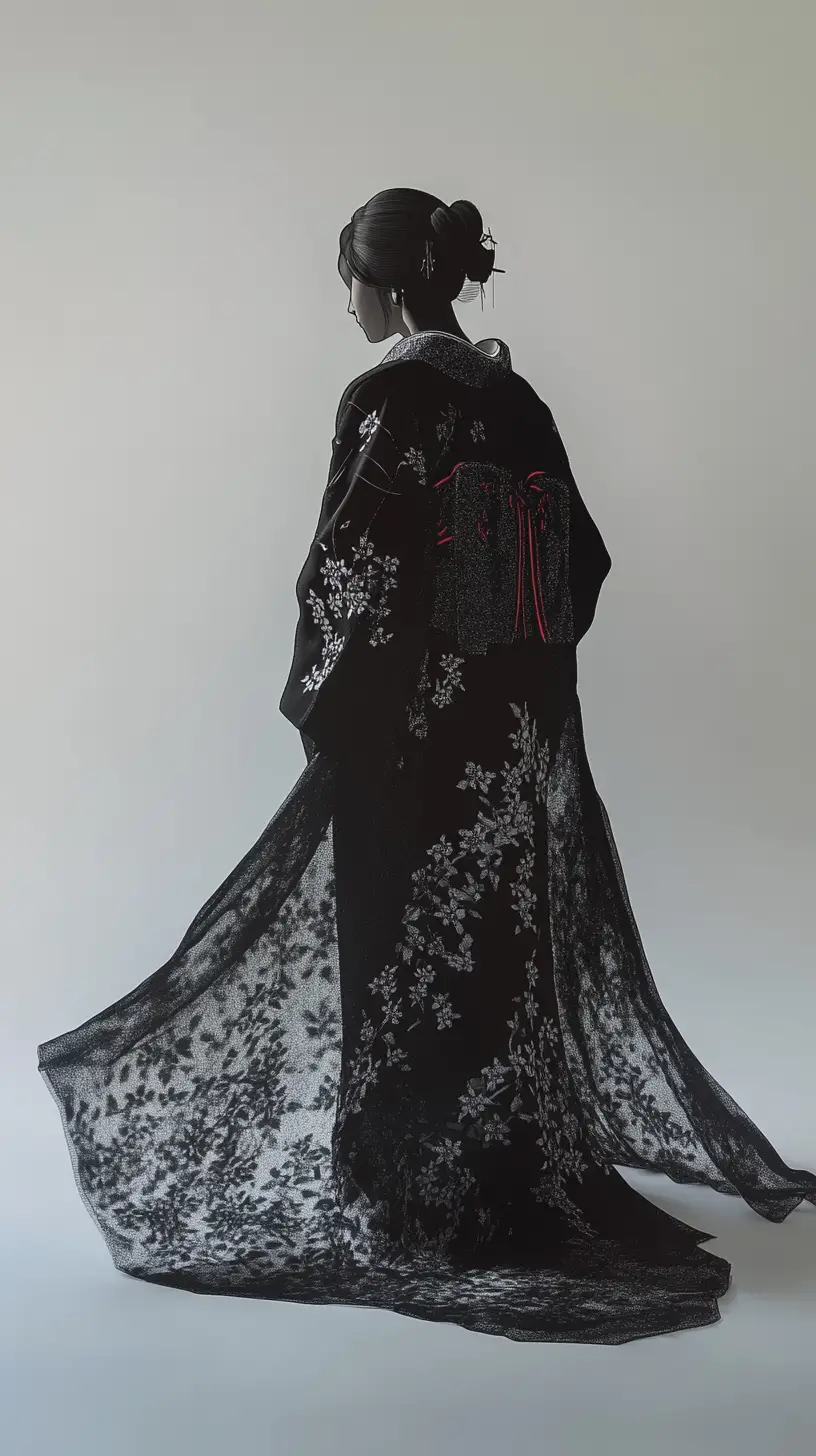 Figura solitaria in kimono in piedi tra nebbia turbinante