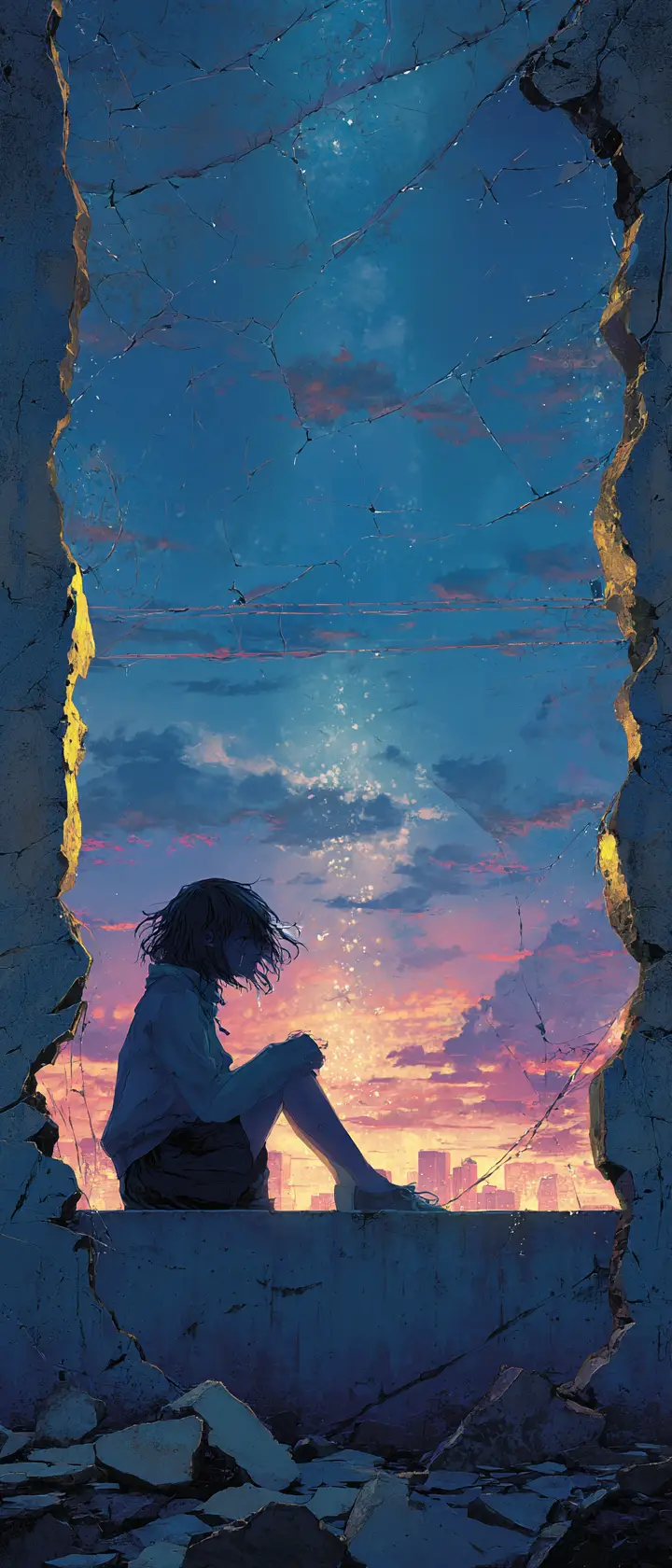 雨中黃昏混合拼貼中的水泥邊緣上動漫女孩